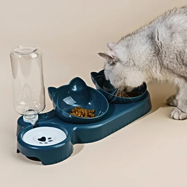 Pet Bowls With Water Feeder, 3 In 1 Ear Design Tilted Cat Water And Food Bowl Set With Gravity Water Bottle For Neck Protection - Image 2