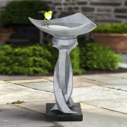Modern Concrete Bird Bath Decorative Fountain Outdoor Garden Statue Unique Lotus Design Weather Resistant Durable Pedestal 22.8